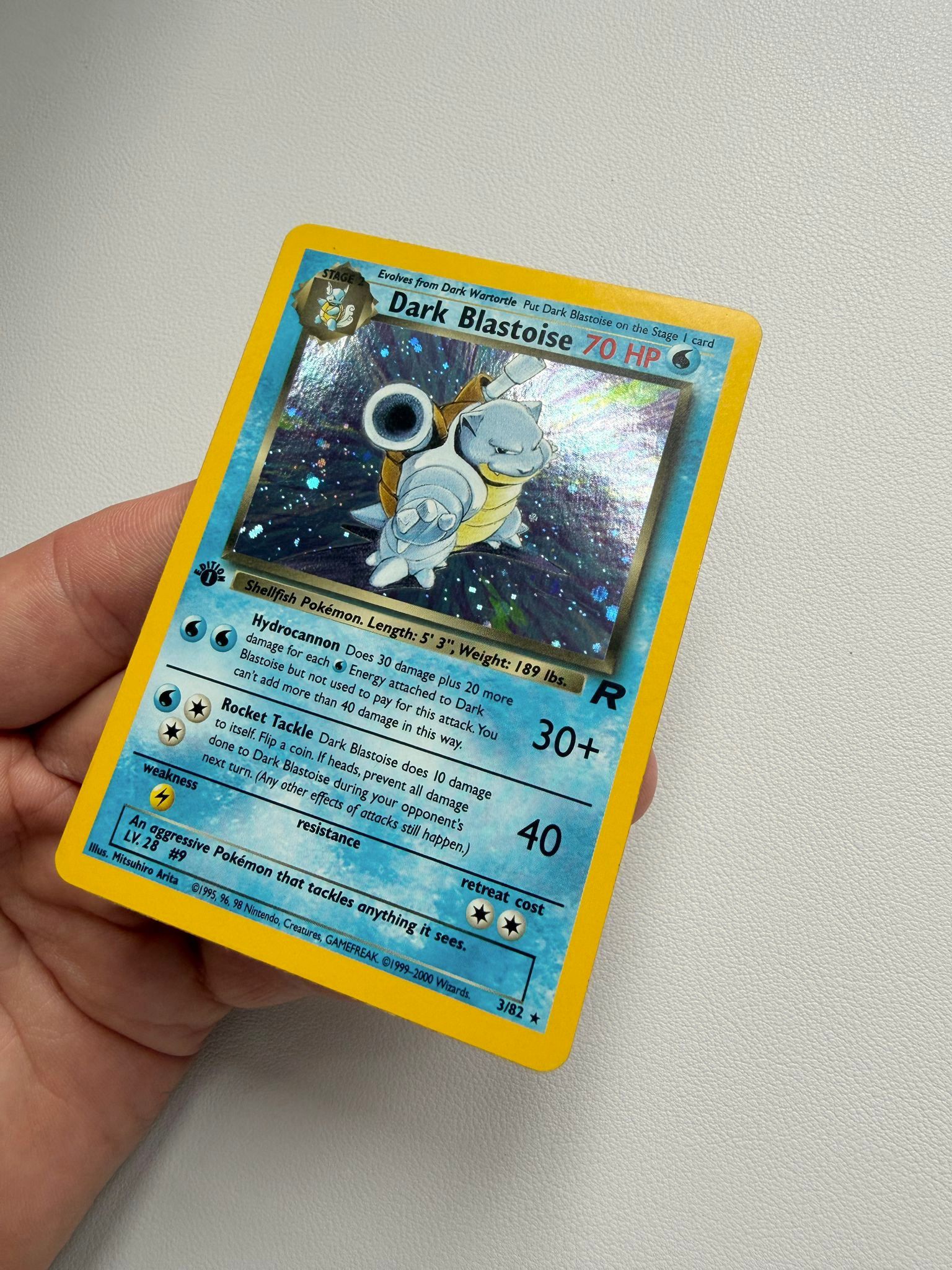 Dark Blastoise holographic Pokémon trading card after cleaning and polishing by Kodap Cleans