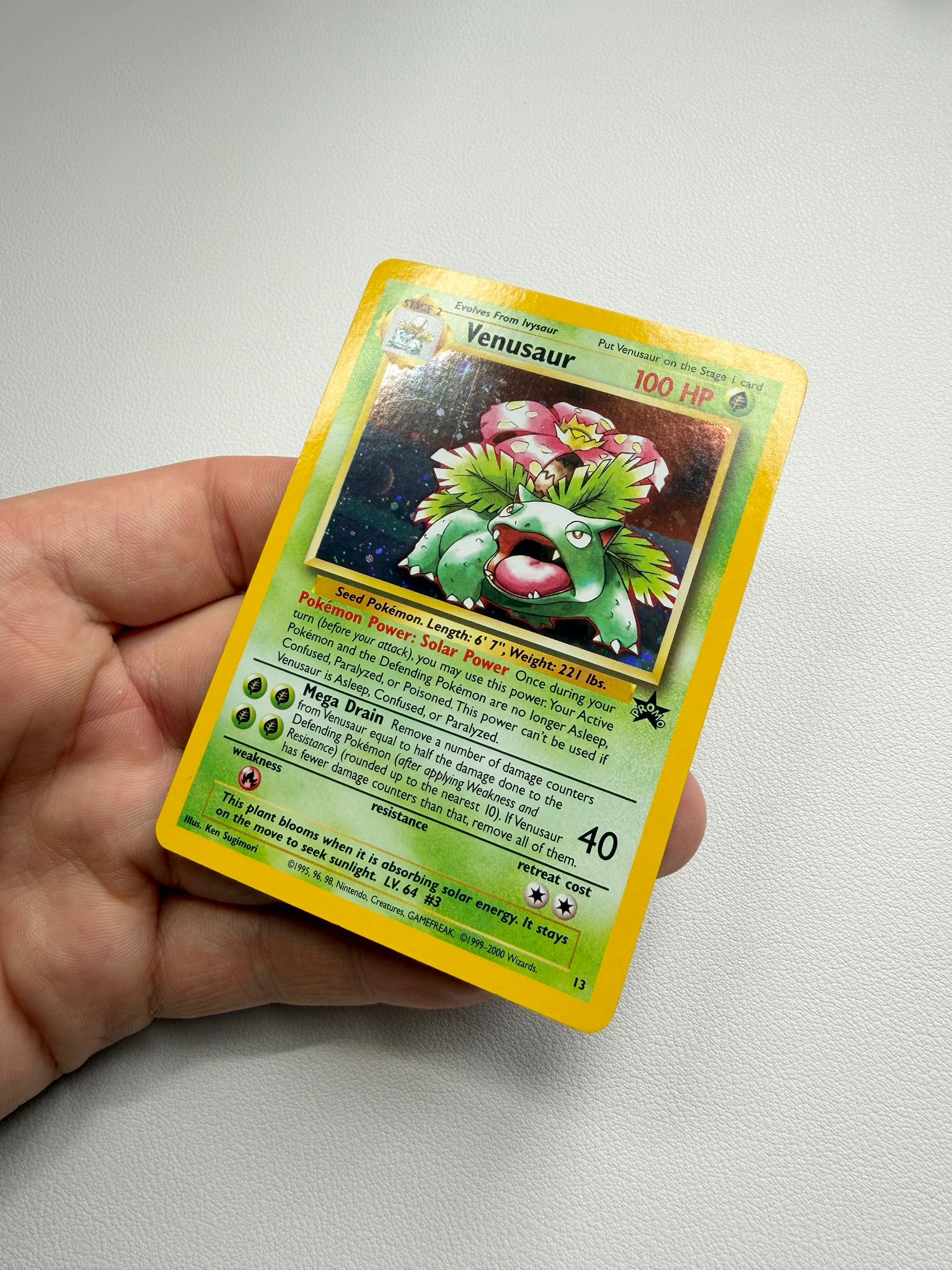 Venusaur promotional holographic Pokémon trading card after cleaning and polishing by Kodap Cleans