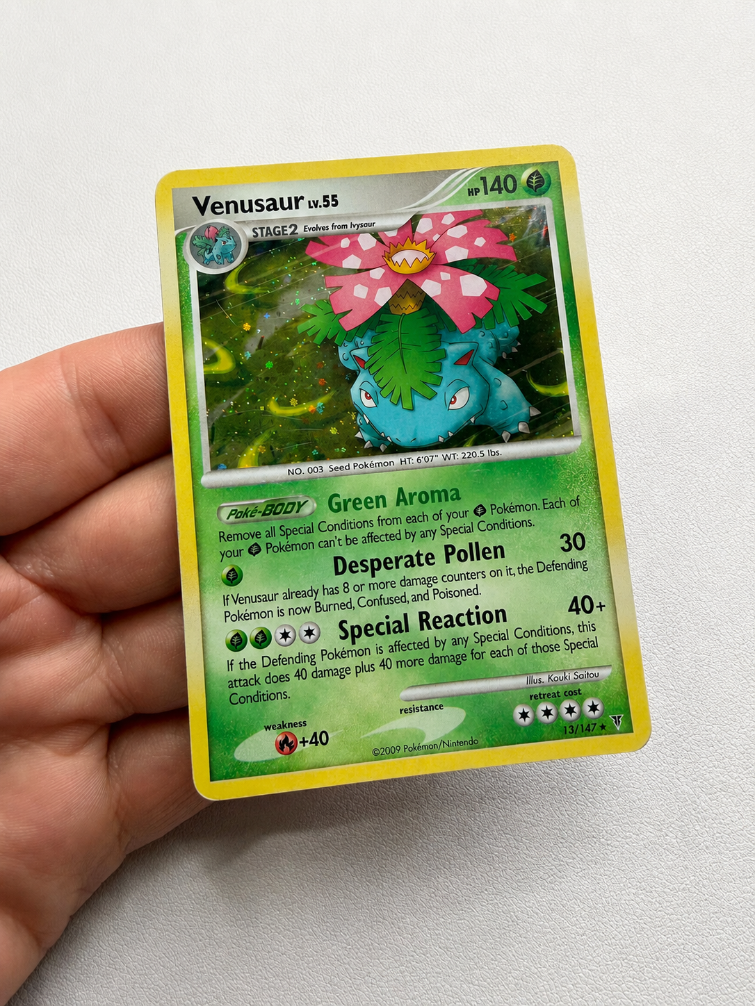 Venusaur holographic Pokémon trading card after restoration by Kodap Cleans